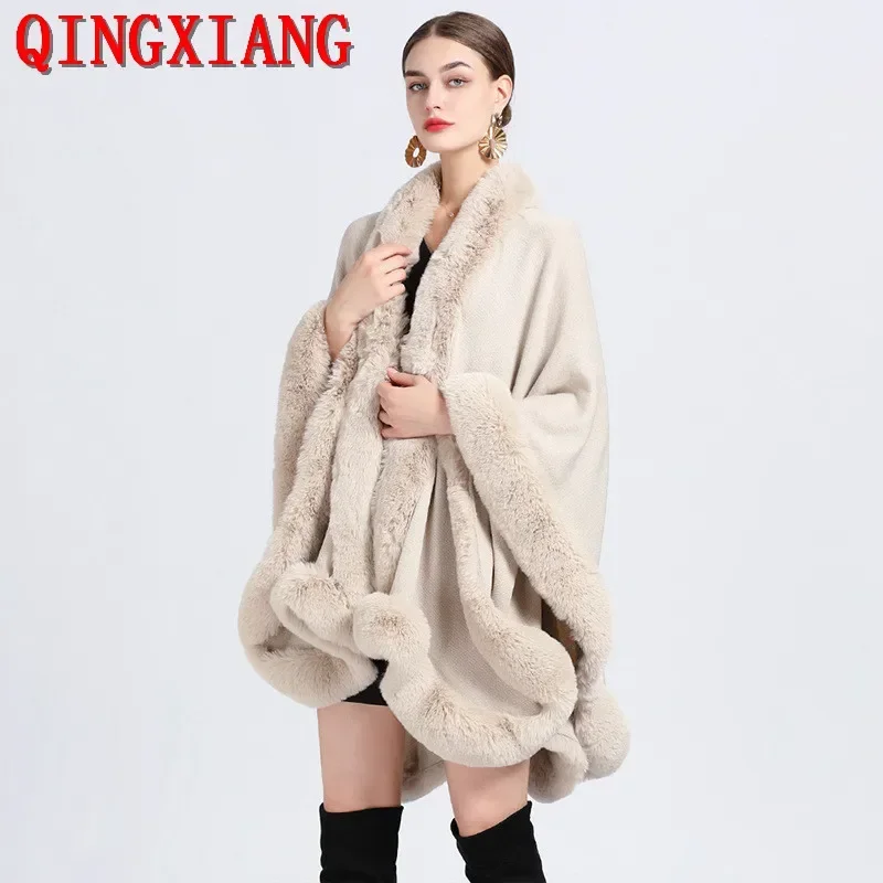 

Solid Women Winter Thick Warm Loose Poncho Big Pendulum Cape Faux Fur Collar Long Cloak Outstreet Wear Beige Coat