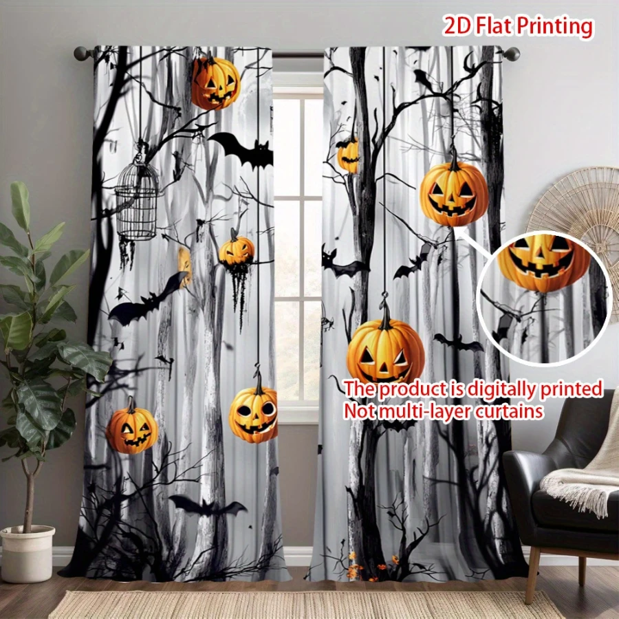 2PCS Digital Printed Curtains, Cute Cat Name Pattern, Halloween Themed Style Rod Pocket Drapes for Bedroom Living Room Decor