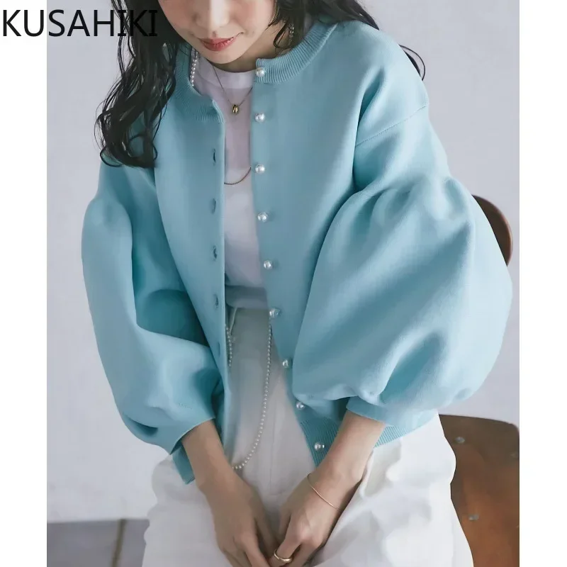 KUSAHIKI Women\'s Fashion Versatile Lantern Sleeve Knitted Sweater Cardigan Jacket That Can Be Worn Both Front and Back