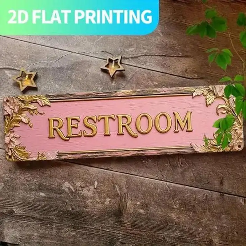 [2D FLAT] Металлический знак, 1 шт., 4 × 16 дюймов, деревенский розовый знак для туалета с золотыми листьями и звездами