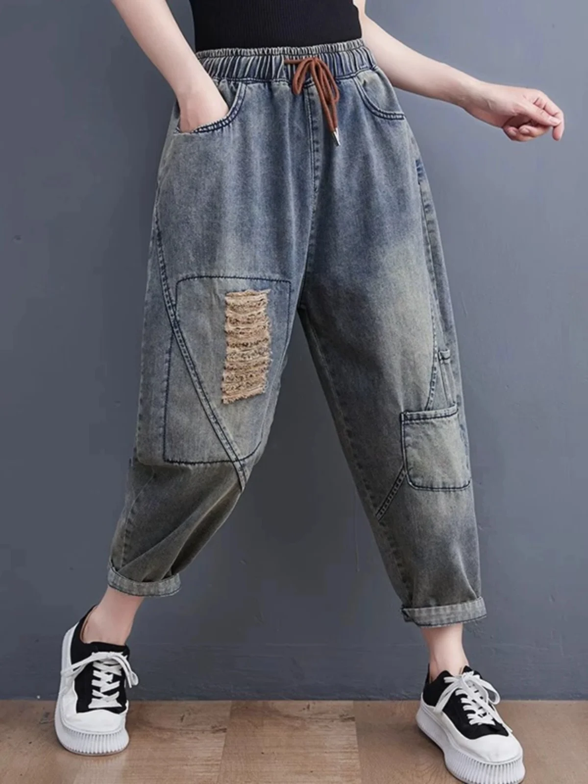 plus Size Women's Distressed Denim Jeans Fall New Style Worn White Hole Hole Harlan Nine Points Slimming Effect Versatile