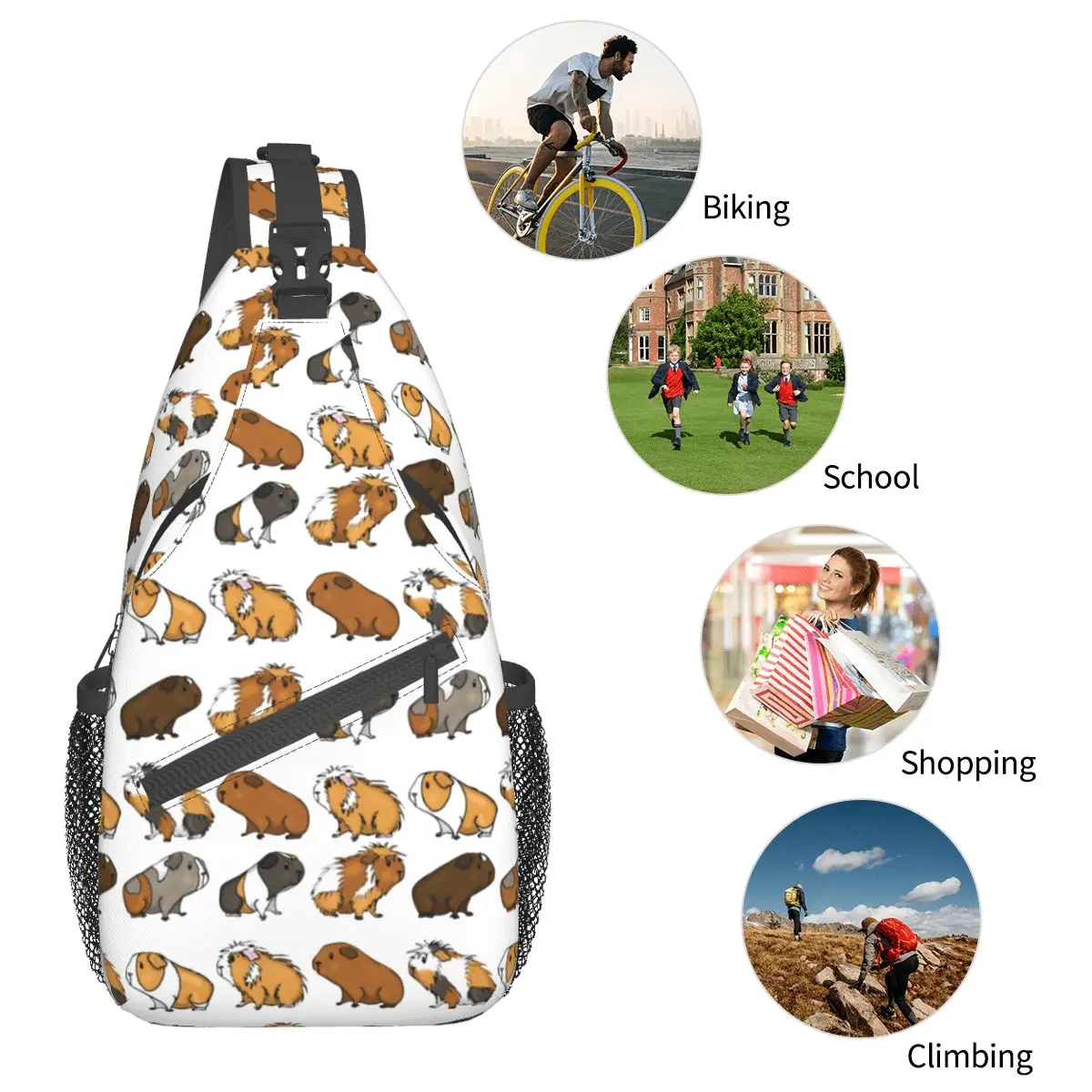 Guiné Porco Kawaii Crossbody Sling Bag Impresso Saco Peito Bonito Animal Amante Ombro Mochila Mochila Caminhadas Viagem Bookbag