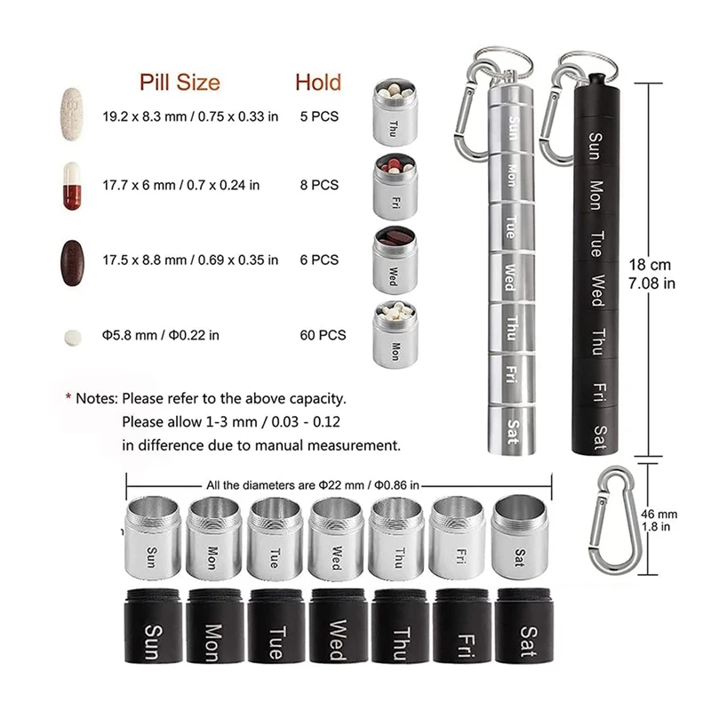 Boîte à pilules porte-clés étanche, pilulier, étui à pilules compact en métal pour une utilisation en extérieur, 7 jours, voyage hebdomadaire