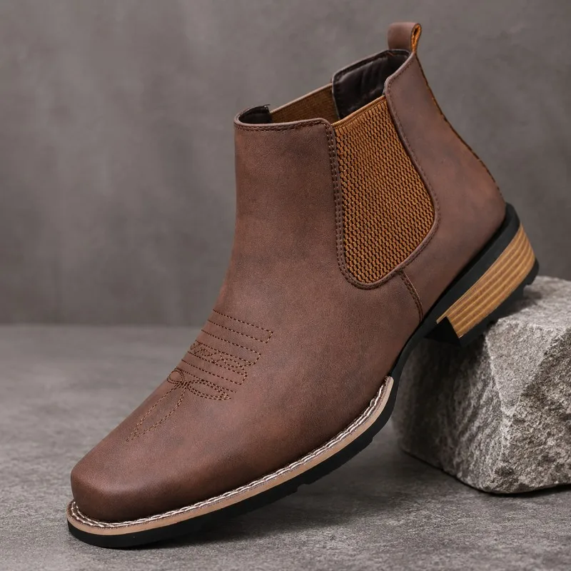 Men Vintage Western Chelsea Boots Square Toe Embroidered Cowboy Ankle Boots Elastic Slip‑on Casual Short Boot Size 39‑48