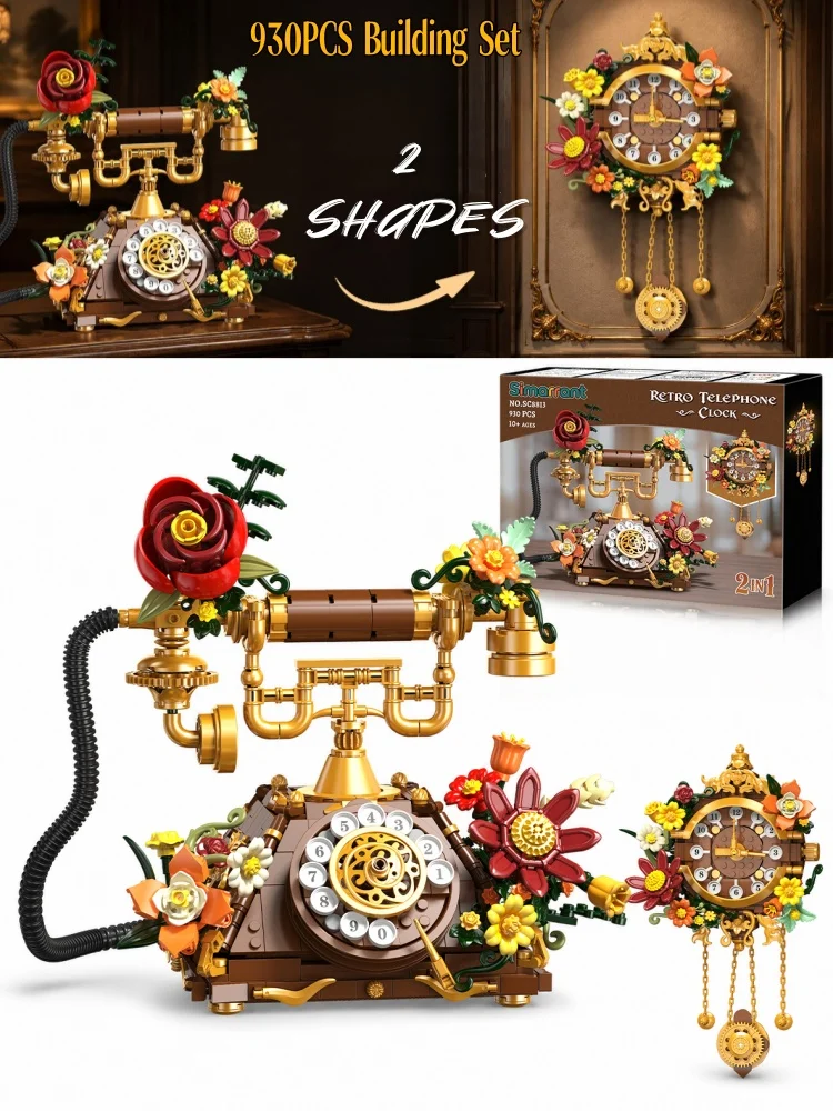 Retro-Telefon-Uhr-Bausatz 2 in 1 Sammlerstück Vintage-Telefon Blumen-Baustein Heim- und Bürodekoration Weihnachts- und Geburtstagsgeschenk für Erwachsene und Jugendliche