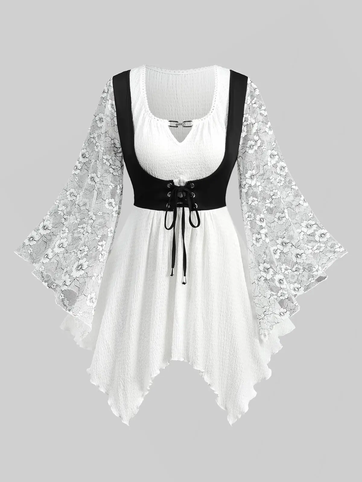 

ROSEGAL Женские топы размера плюс 2 в 1, текстурированный корсет на шнуровке с расклешенными рукавами, носовой платок, стильный кружевной дизайн с цветочным принтом, белая блузка