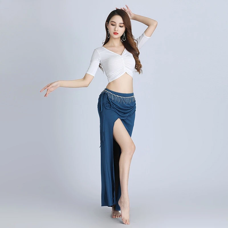 2pcs Modal Belly Dance Outfit Mid Sleeve Drawstring Top Side Slit Maxi Skirt Ladies Oriental Dance Training Wear