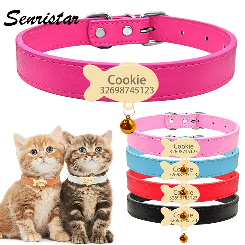 

Custom Nameplate Cat Collar Bell Necklace Belt Personalized ID Name Tag Cat Collar Soft Safety PU Leather Pet Kitten Cat Collar