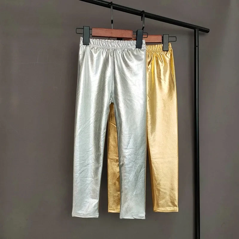Children Girls Tight Leggings Shiny Gold Silver Skinny Punk Pants for Autumn Kids Boys Trousers