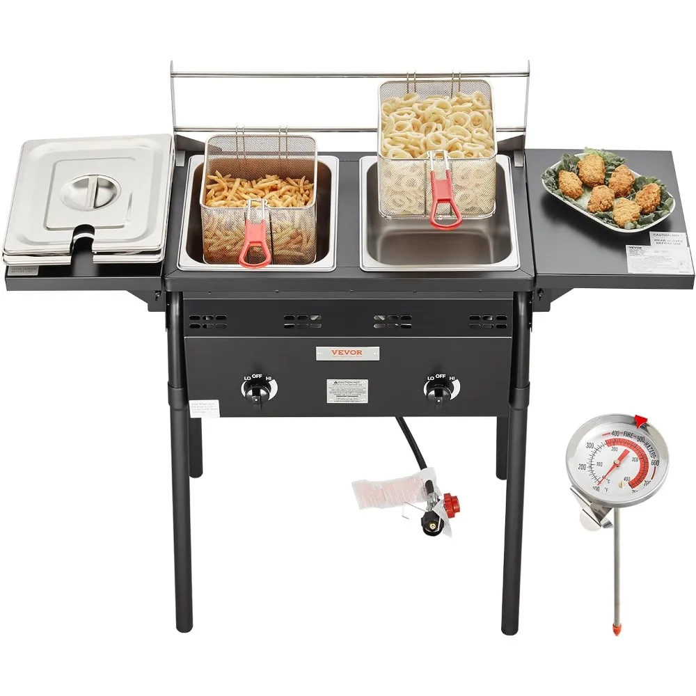 Outdoor Propane Deep Fryer, Double Burners Commercial Fryer, 16 Qt Stainless Steel Cooker with Removable Baskets & Lids & Tanks