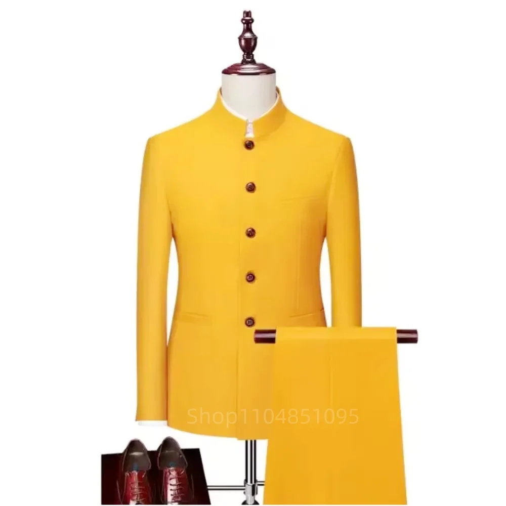 الأحمر الرجال الدعاوى موضة الأعمال عادية الزفاف سهرة 2 قطعة (السترة + السراويل) بدلة مكتب رسمية سليم صالح النمط الصيني الرجال الملابس #3