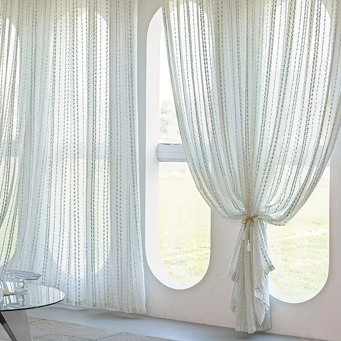 1PC Modern Multicolor Striped Sheer Curtain, 1pc, Suitable for Living Room, Kitchen, Balcony, Home Decor, Coffee Shop, Light Blo