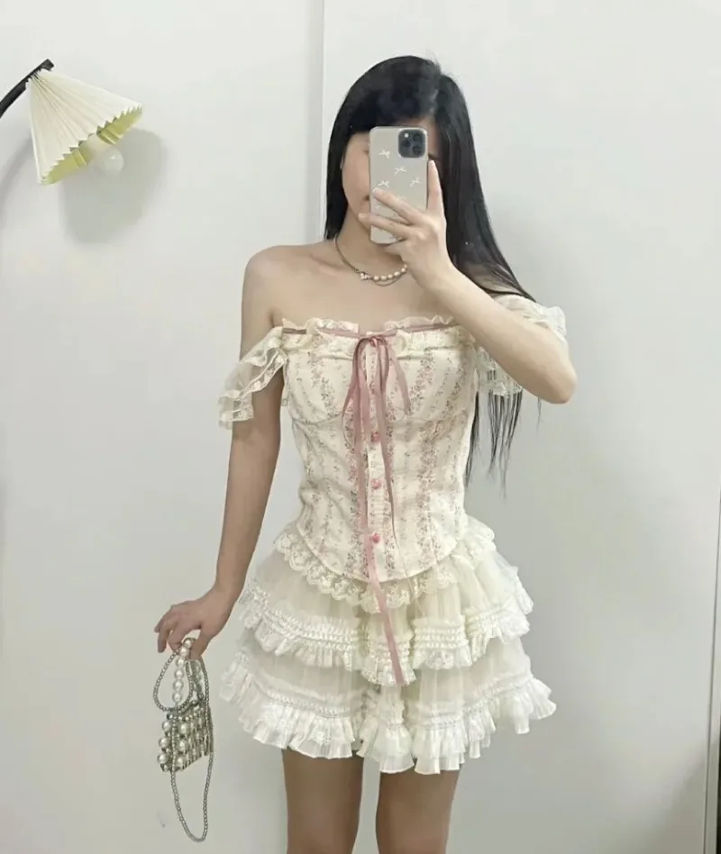 Sweet Fashion Print Flying Sleeves Top Cake Skirt Two-piece Set Women Mesh Ruffle Edge Lace Up Collarbone Slim Summer Spicy Suit