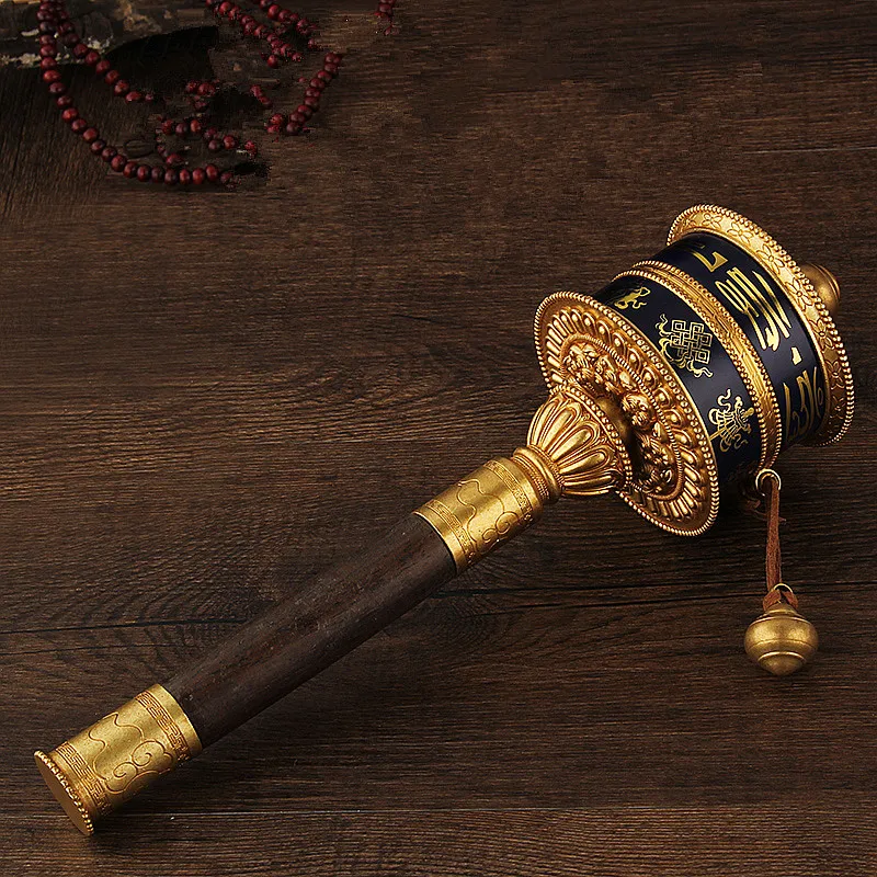 

23.5cm Nepal Pure Copper Tibetan Buddhist Tranic Buddhist Six Words Mantra Eight Auspicious Hand Cranking Prayer Wheel