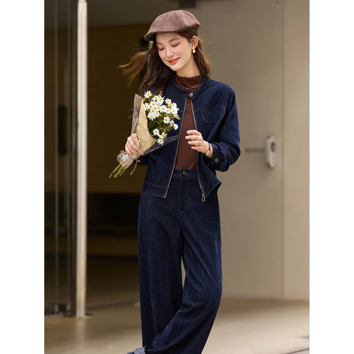 VIMLY Denim Two-Piece Set for Woman 2025 Autumn Round Neck Zipper Front Jacket & Wide Leg Trousers Casual Comfort Outfit A3093