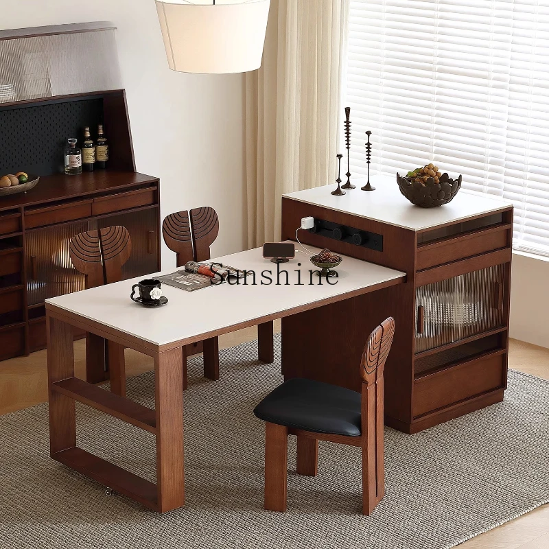 TT island dining table integrated retractable rock slab solid wood multi-functional household simple dining table