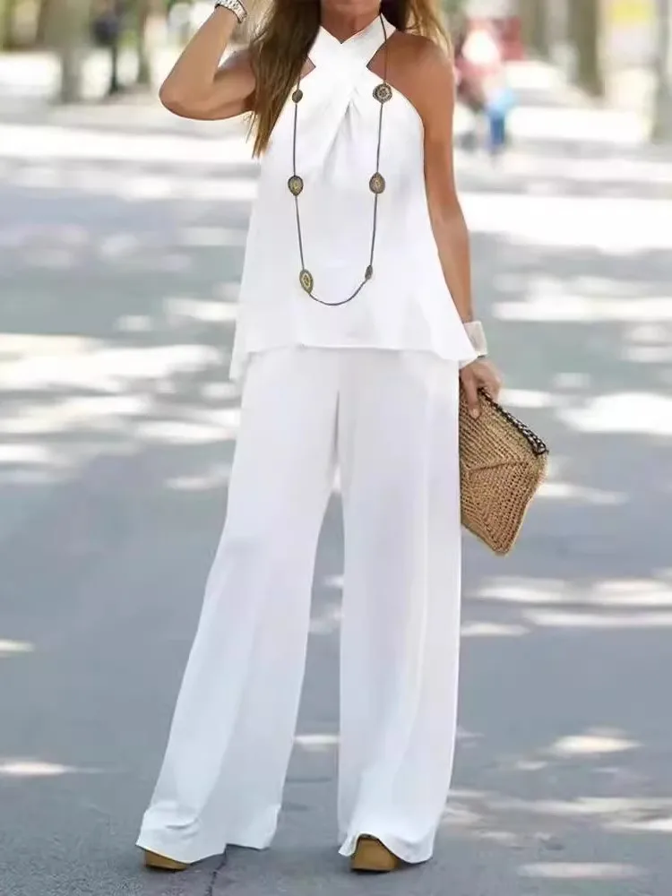 

Two-piece set of sexy halter top wide-leg pants for women elegant casual commuting office business daily fashion 2-pieces Outfit