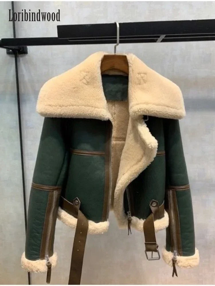 2022 New Winter Clothes Green Stitching Large Lapel Motorcycle Clothing Women\'s Thickened Short Fur One-Piece Sheepskin Coat