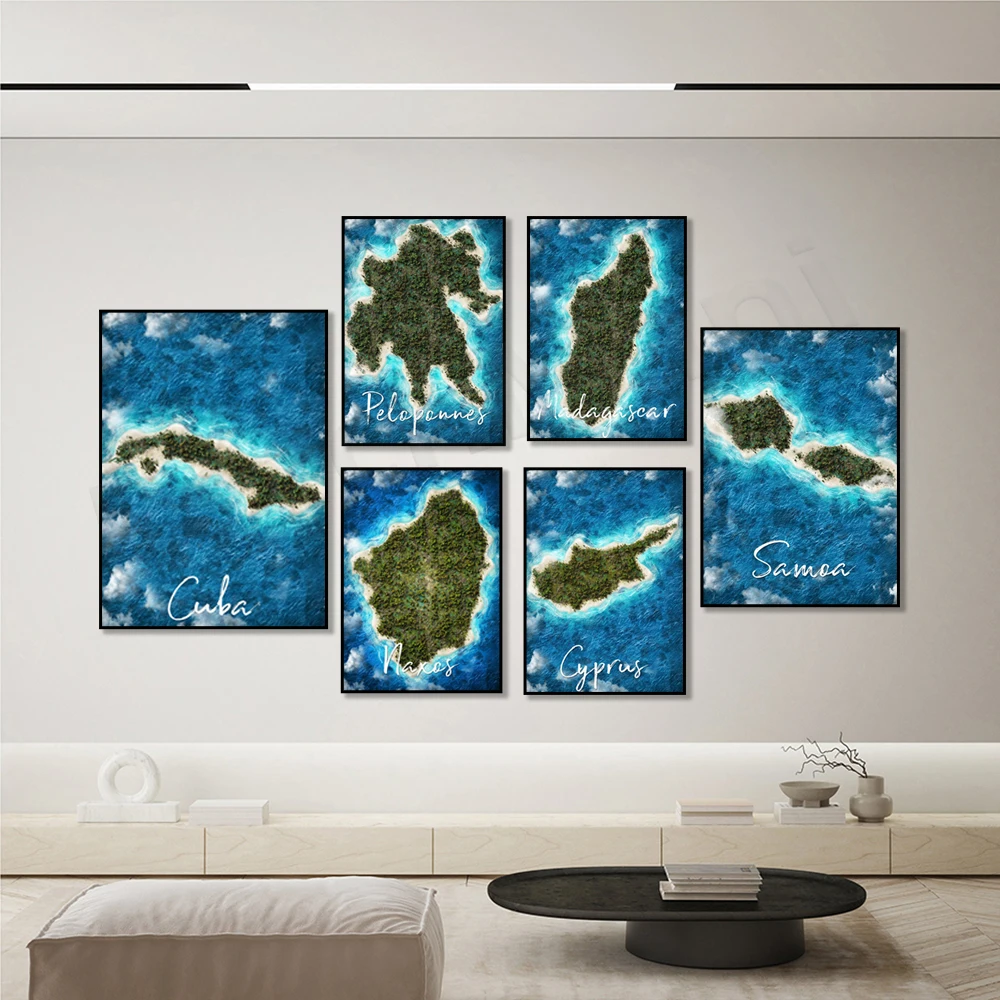 شيوس، بيلوبونيز، إلبا، قبرص، ناكسوس، لا جوميرا، أوبوا، كوبا، إيبيزا، جافا، مدغشقر، ملصق خريطة ساموا