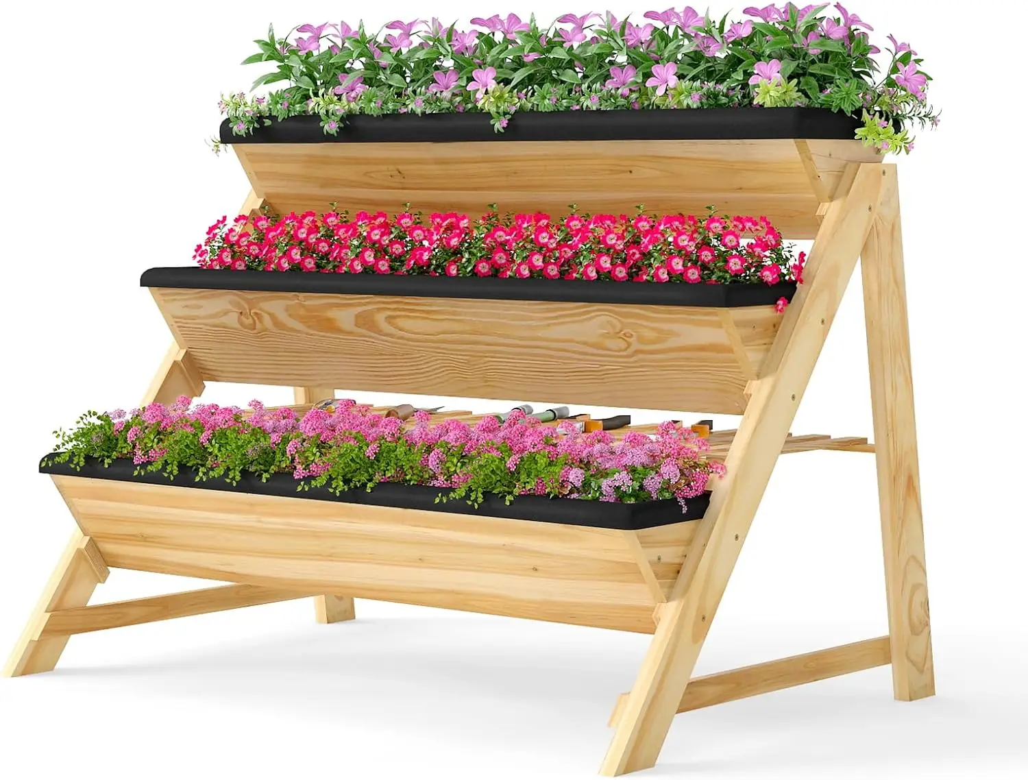 Indoor/Outdoor Gardening, Wood, N/A, 3-Tier Elevated with Legs & Liners for Flower Herb Vegetable