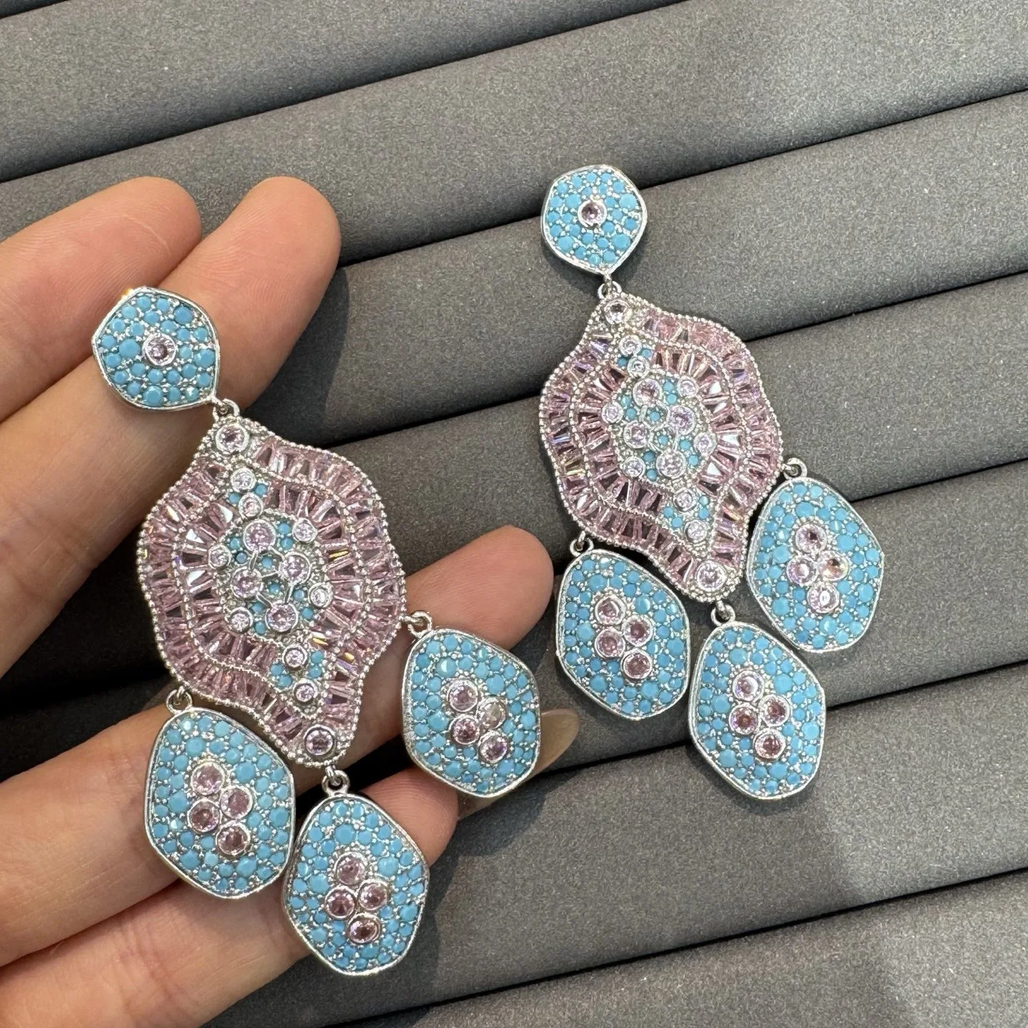 

Gorgeous cubic zirconia earrings for women vintage jewelry silver color blue white pink dangling earrings gala event party