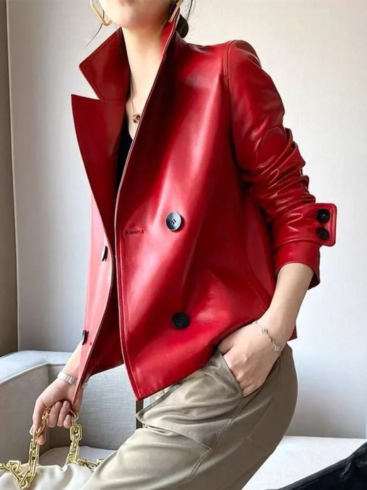 Modigirl Autumn Winter Red Faux Leather Jackets Women 2024 New Outwear Long Sleeves PU Leather Short Coats Outwear for Female