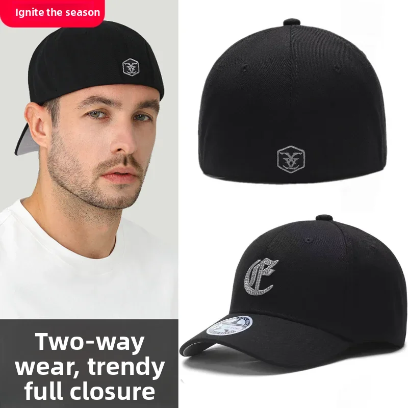 Spring Summer Men's Baseball Cap Elastic Back Closure Sun Protection Black Hat Casual Style round Top Cotton Polyester