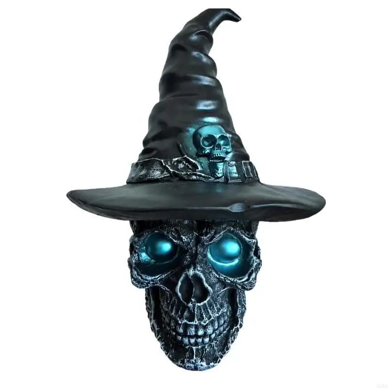 Skull in a Tall Pointed Hat with Black and Blue-Gray Coloring for Dark Halloween Shelf, Cabinet, Entryway, and Window