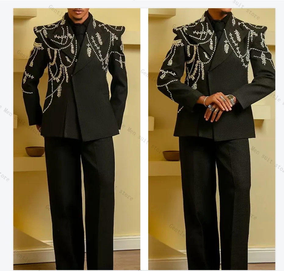 

Groom Crystals Black Men Suit Set 2 Pcs Blazer+Pants Trousers Luxury Wedding Tuxedo Formal Office Jacket Cotton Coat Customized