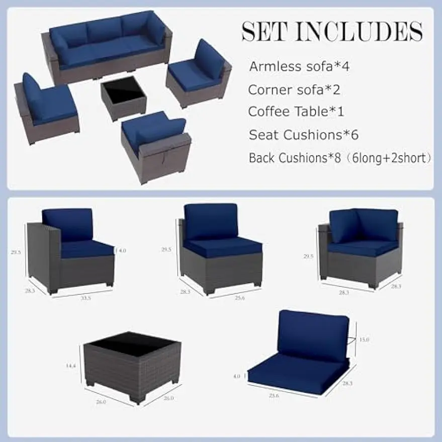 Outdoor Rattan secional Móveis Set, vime, substituível, almofadas impermeáveis, Coffee Table