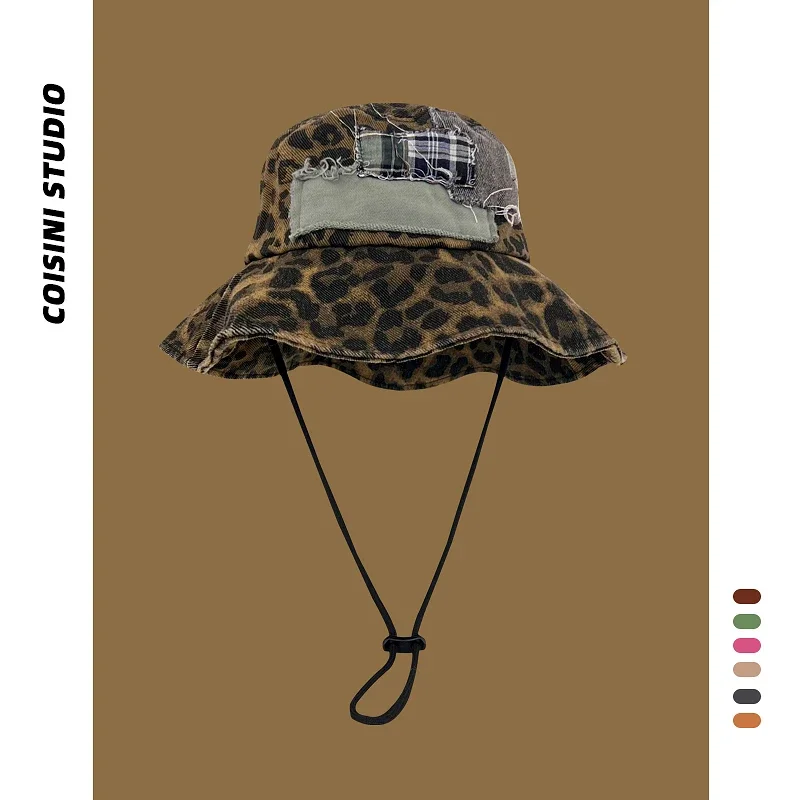 

Harajuku Retro Sticker Leopard Print Bucket Hats Women Summer Autumn Outdoor Leisure Sun Protection Versatile Big Brim Men's Cap