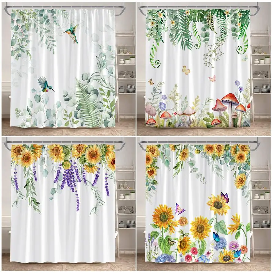 

Spring Floral Shower Curtain Green Leaves Hummingbird Butterfly Watercolour Flowers Mushroom Sunflower Bathroom Curtains Decor