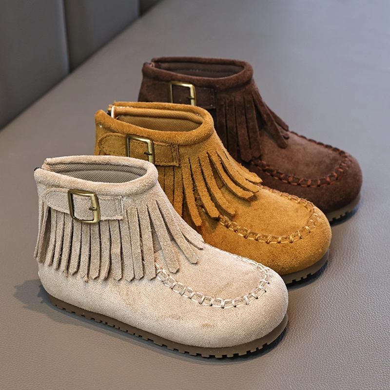 

2025 Autumn Winter Fashion New Girls Snow Boots Outdoor Children Tassel Shoes Kids Plush Boots Soft-soled Non-slip Toddler Shoes