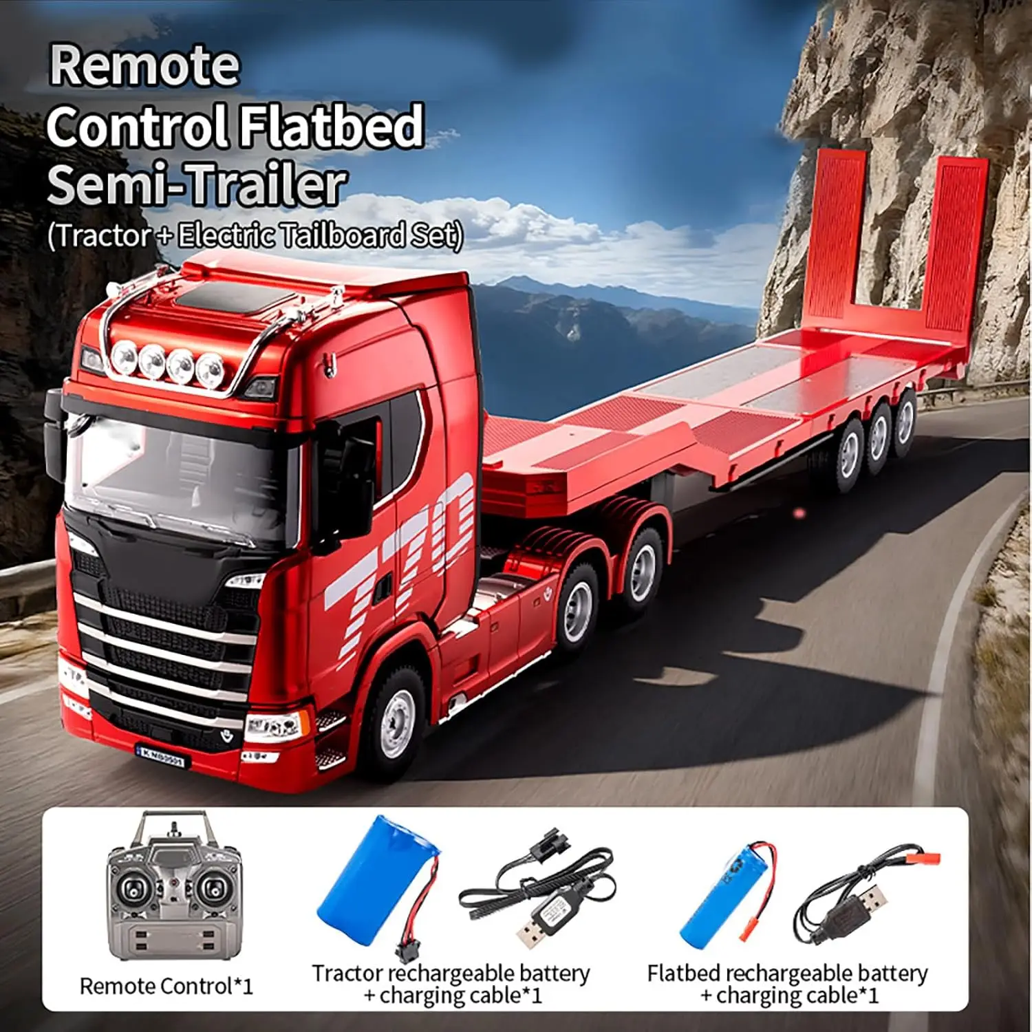 19Channels 770S Hobby RC Tractor Truck & Plastic Semi Trailer Flatbed Toys 1/18 Scale Light Sound Effects Remote Control Lorry C