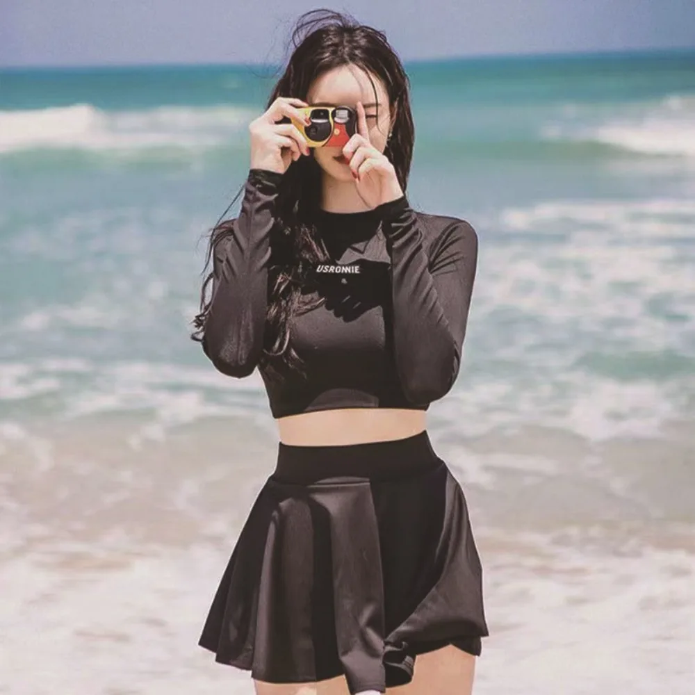 Women 2-Piece Swimsuit Long-Sleeve bathing suit Crop Top Swimming Dress Shorts Letter Print Beach Sun Protection Sports Swimwear