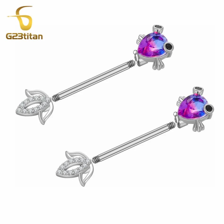2pcs Blue Zircon Fish Nipple Rings 14G Staight Barbell Hypoallergenic Surgical Titanium Nipple Piercing Jewelry Sexy Ornament