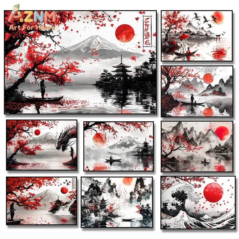 AZNM Japanese Ink Style Canvas Print, Fuji Mountain Red Maple Samurai Dragon Wave Unframed Canvas Painting, Oriental Landscape W