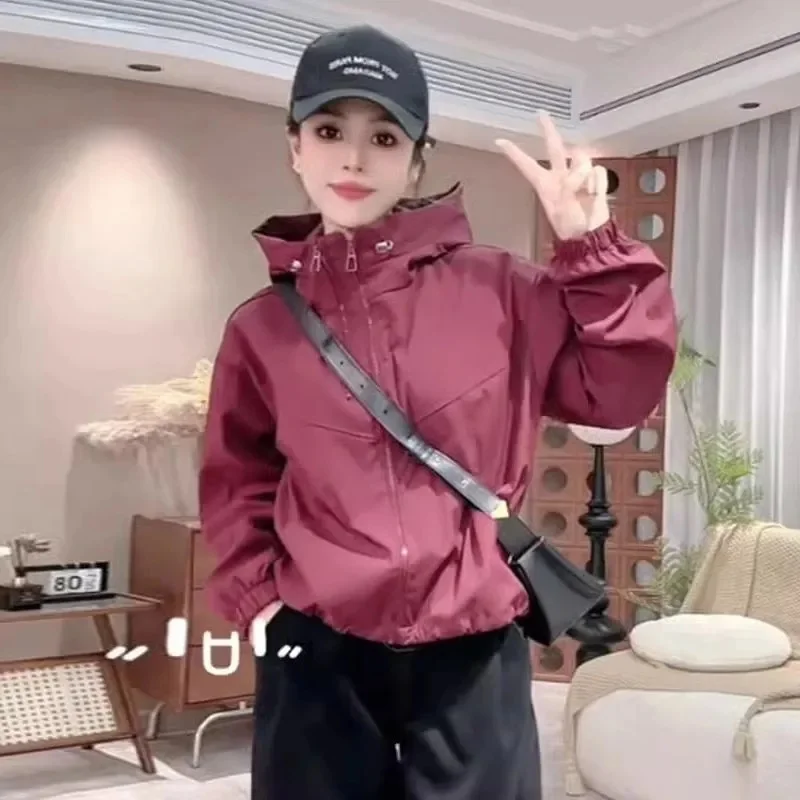 2025 Mujer Color sólido prendas de vestir con capucha primavera otoño mujeres doble cremallera abrigo corto Retro señoras manga larga chaqueta Stormtrooper