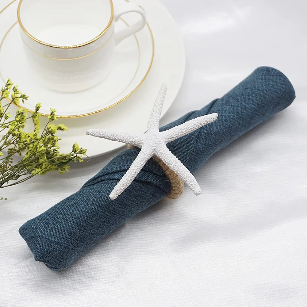 A25F-Handmade Starfish Napkin Rings Set Of 8, White Faux Sea Star Napkin Ring Holder For Wedding, Party, Dining Tables