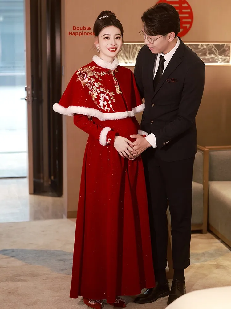 

Chinese Sle Fro for Pregnant Women Wedding Dres Autumn Winter Women's Velvet Red Engagement Ceremony Dres...