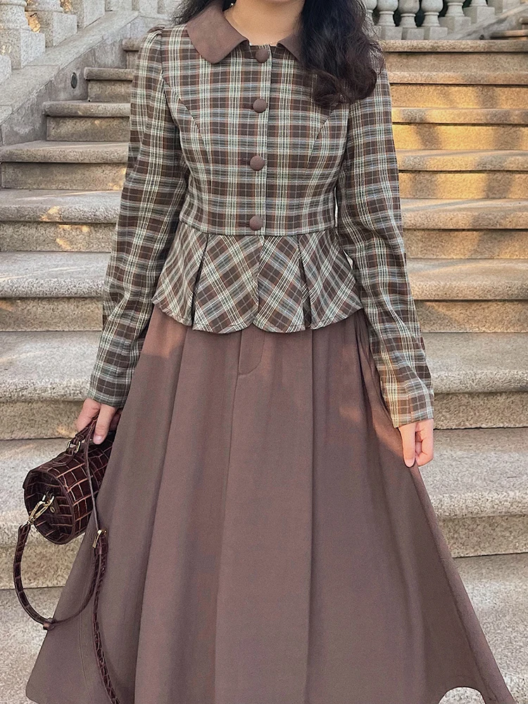 

Ретро-пальто с поясом для женщин, модное пэчворк-пальто с объемными рукавами, клетчатая верхняя одежда, новинка ранней осени, бренд Sle Earth