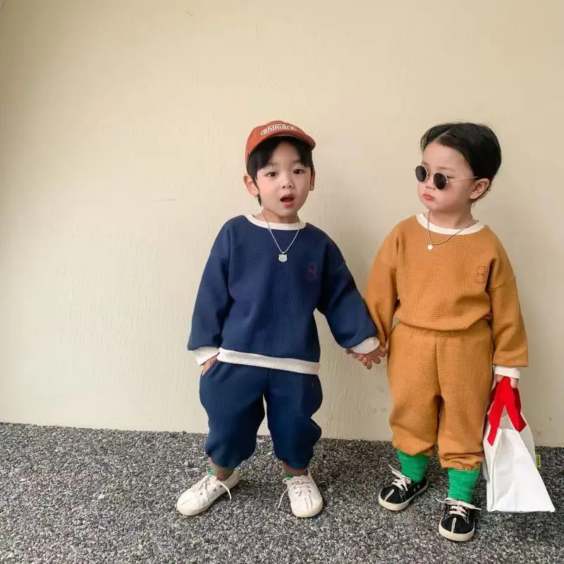 New Boys Round Neck Sets Girls Solid Color Cute Sweet Suit Spring Autumn Children\'s Fashion Leisure Two-Piece 12M-6 Years Old