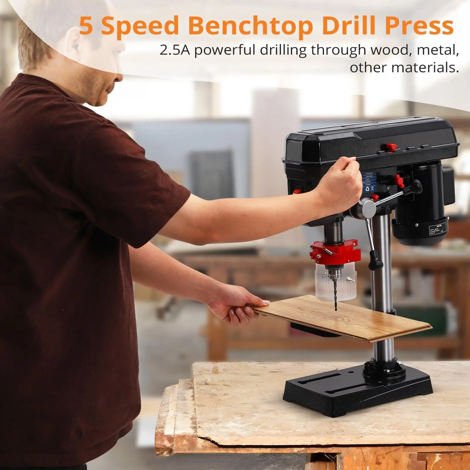 8 Inch Bench Drill Press, 2.5Amp, 5 Speed Adjustable, Swing Distance 0-45° Tilting, Controls Benchtop for Wood, Metal Drilling