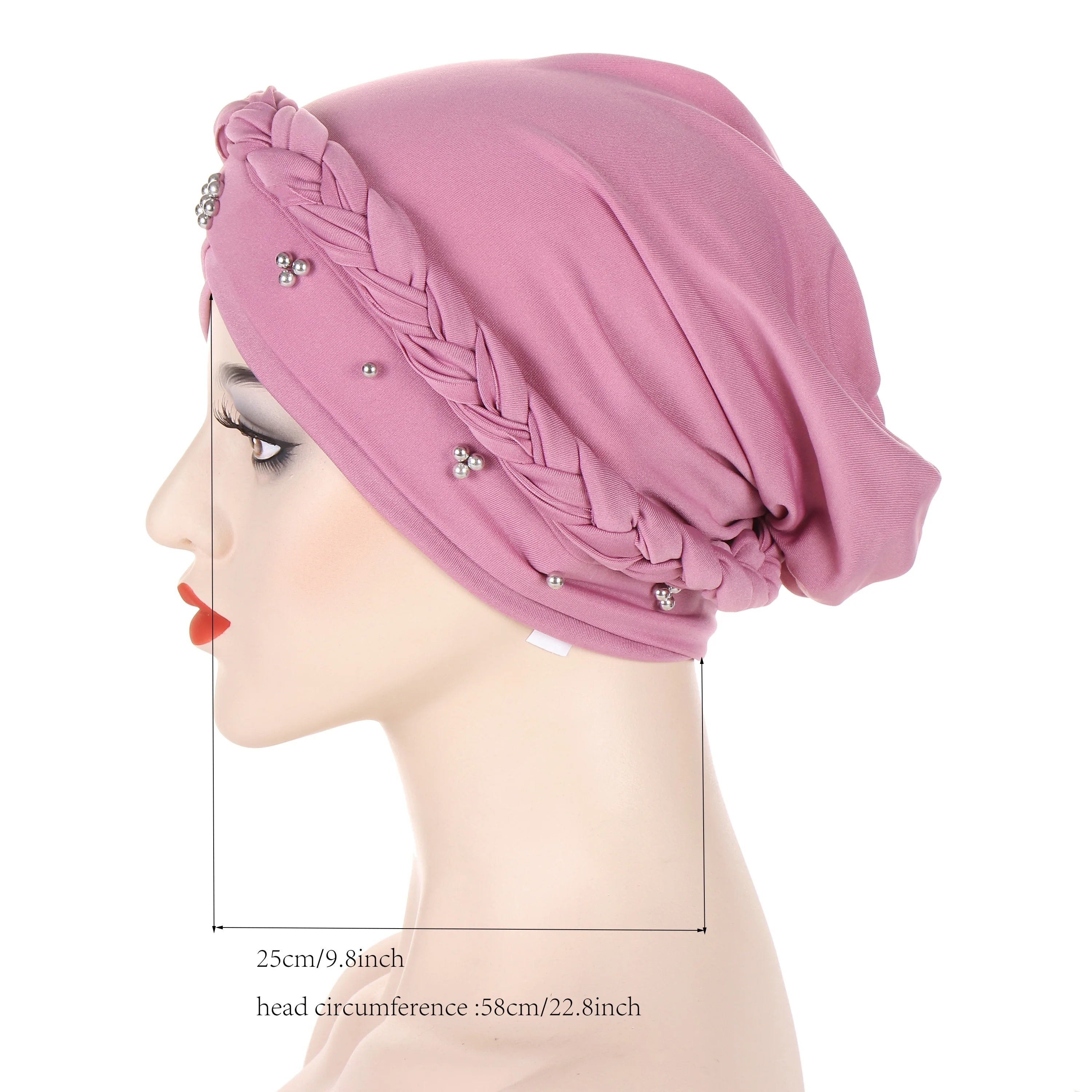 Beads Decor Braided Turban Cap Solid Color Elastic Hijab Hat Lightweight Head Wraps Women Chemo Cap Bonnet