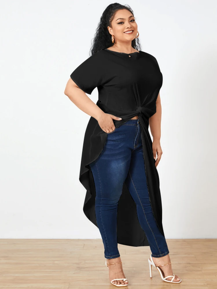 Vonda-Blusa longa assimétrica para mulheres, tops de túnica casual, camisas elegantes de escritório, bainha dividida, festa sólida, plus size, verão, 2024