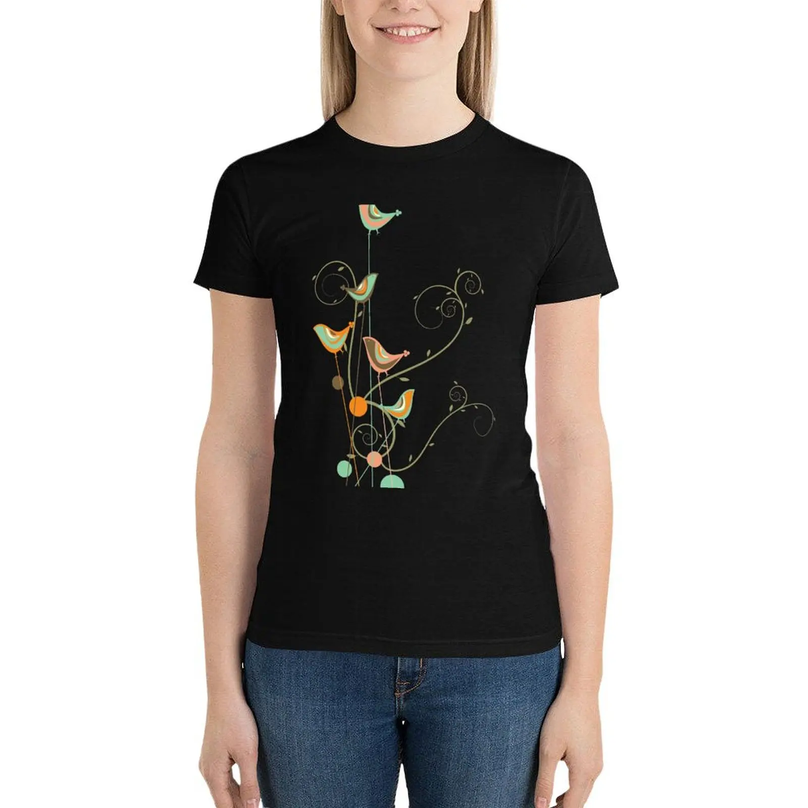 Colorful Summer Orange, Chocolate and Mint Whimsical Birds with Swirls ? fatfatin T-Shirt aesthetic clothes T-shirt Women