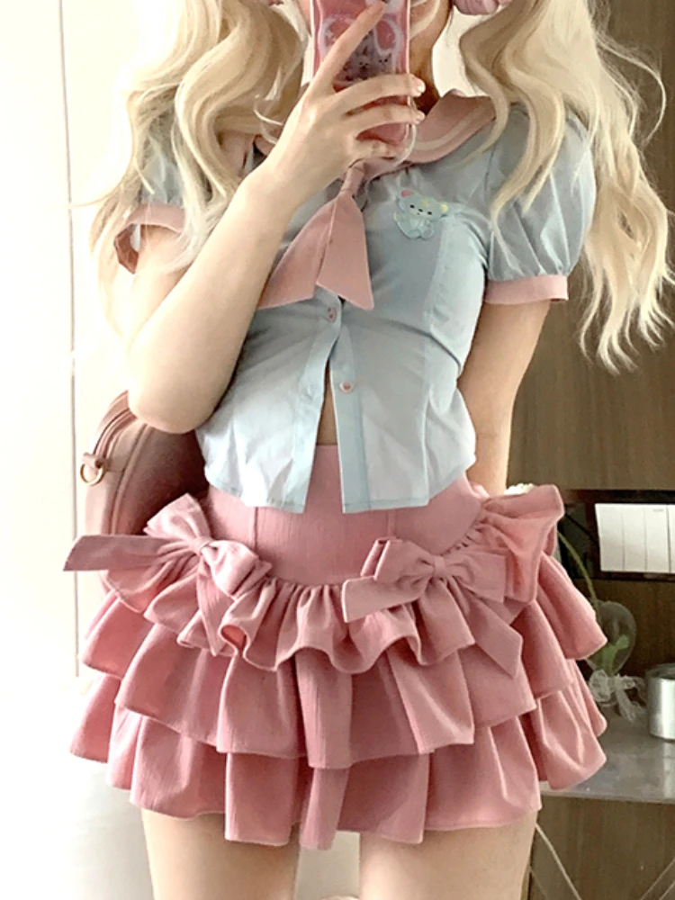 Lolita Kawaii Two Piece Set Women Summer Japanese College Style Party Mini Skirts Suit Blue Navy Collar Blouse + Pink Cake Skirt