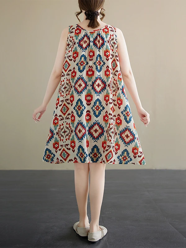 Vestido de verano hoado sin tirantes de talla ande para mujer, vestido sin mangas con cuello redondo y estampado de mezcl...