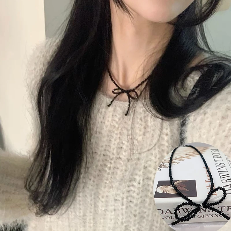 Elegant Crystal Bead Bowknot Choker Necklace Simple Neck Chain Fashion Collar Necklace Temperament Necklace Jewelry Dropship