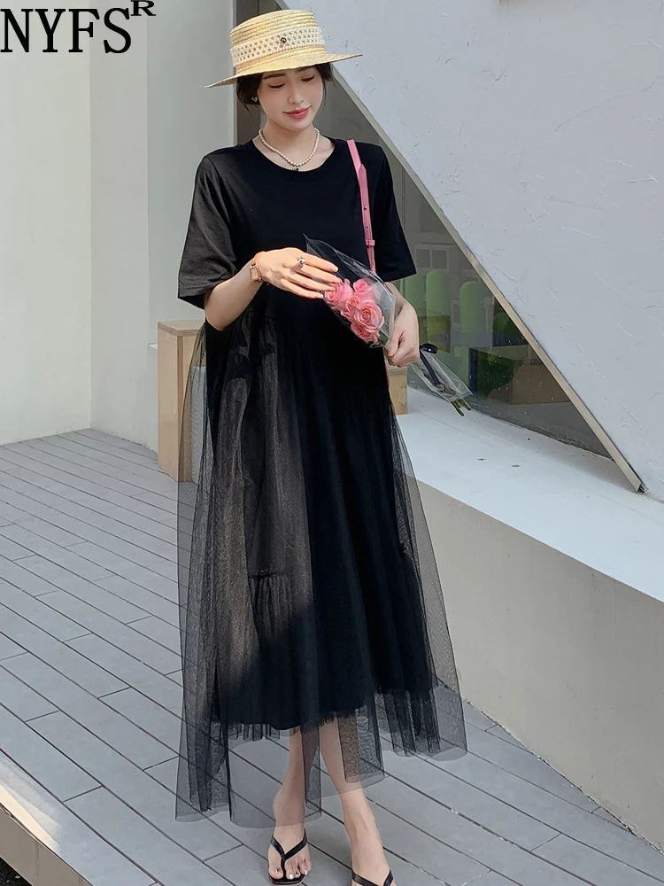 

NYFS 2023 Summer New Korea Woman Dress Vestidos Robe Elbise Loose Plus Size Solid Short Sleeve Mesh Patchwork Long Dresses